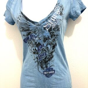 Harley Davidson Women's Blue V-Neck Tee Size Small